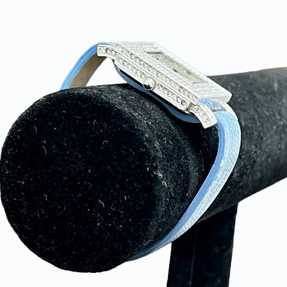ADRIENNE LIMITED PAVE CRYSTAL ART DECO WATCH W BLUE LEATHER LIZARD PRINT BAND